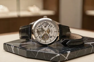 Montre de luxe mécanique suisse avec tourbillon visible sur marbre noir, détail de la complication horlogère en gros plan