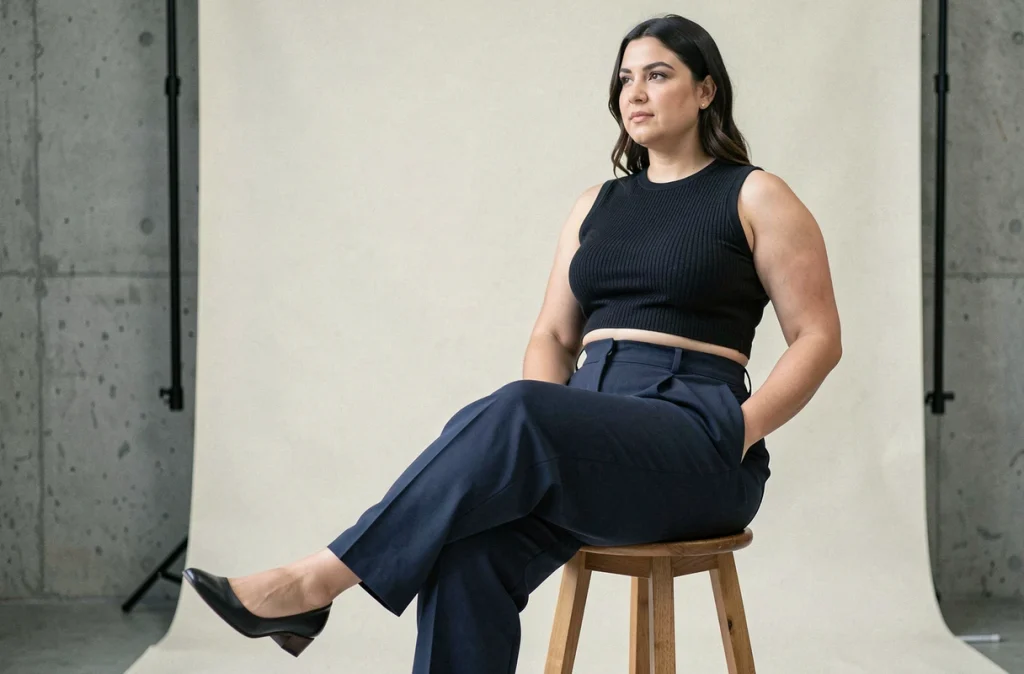 Femme à morphologie en poire assise sur un tabouret en studio minimaliste avec tenue adaptée à sa silhouette