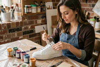 Femme peignant une basket en cuir blanc avec un pinceau fin et des peintures acryliques sur une table en bois protégée, matériel de customisation de chaussures visible autour d'elle