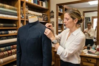 Retoucheuse professionnelle épinglant un costume bleu marine dans une boutique de retouches à Toulouse