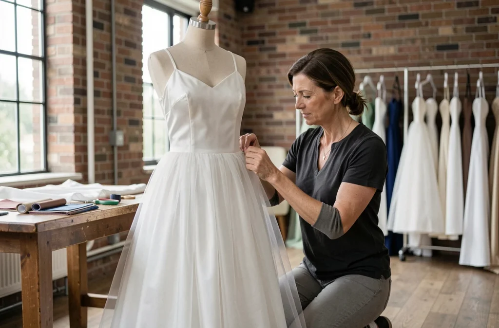Styliste professionnelle ajustant un jupon sous une robe sur un mannequin de couture dans un atelier, montrant la bonne technique d'ajustement