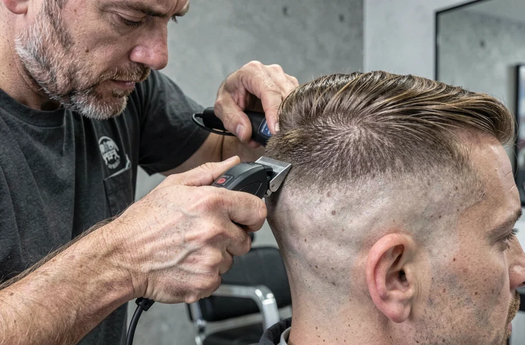 Coiffeur réalisant un dégradé espagnol sur un homme aux cheveux fins en gros plan