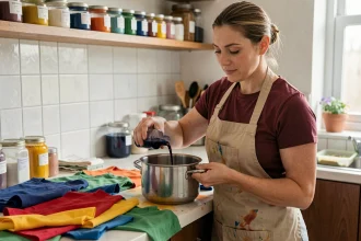 Femme versant une teinture spéciale pour nylon dans une casserole en inox entourée de tissus synthétiques colorés