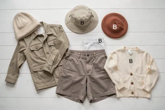 Planche de vêtements et accessoires commençant par la lettre B disposés en flat lay sur une surface blanche