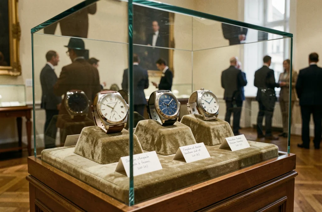 Vitrine de montres exceptionnelles lors d'une vente aux enchères horlogère de prestige avec Patek Philippe et Vacheron Constantin