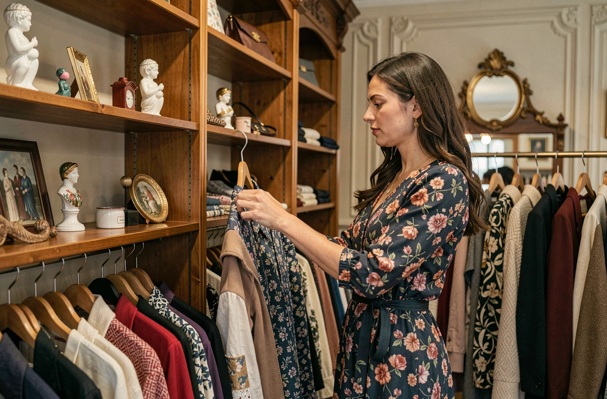 Une femme browse des vêtements vintage soigneusement sélectionnés dans la boutique L'Antre d'Artémis à Strasbourg