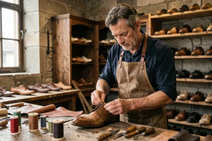 Artisan cordonnier français cousant à la main une chaussure en cuir dans un atelier traditionnel