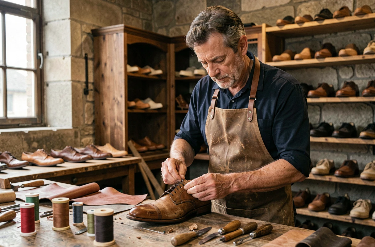 Artisan cordonnier français cousant à la main une chaussure en cuir dans un atelier traditionnel