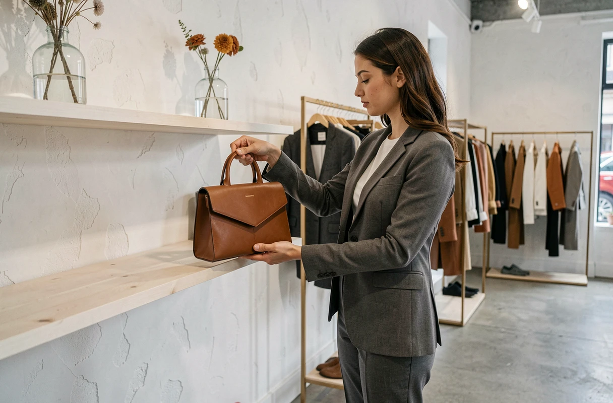 Une femme élégante inspecte un sac en cuir de créateur dans le dépôt-vente B.A. à Nancy