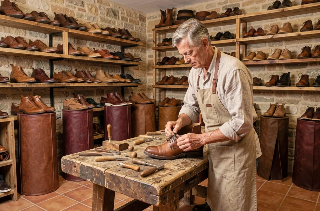 Artisan cordonnier travaillant des chaussures en cuir faites main dans la boutique La Botte Gardiane à Aigues-Vives