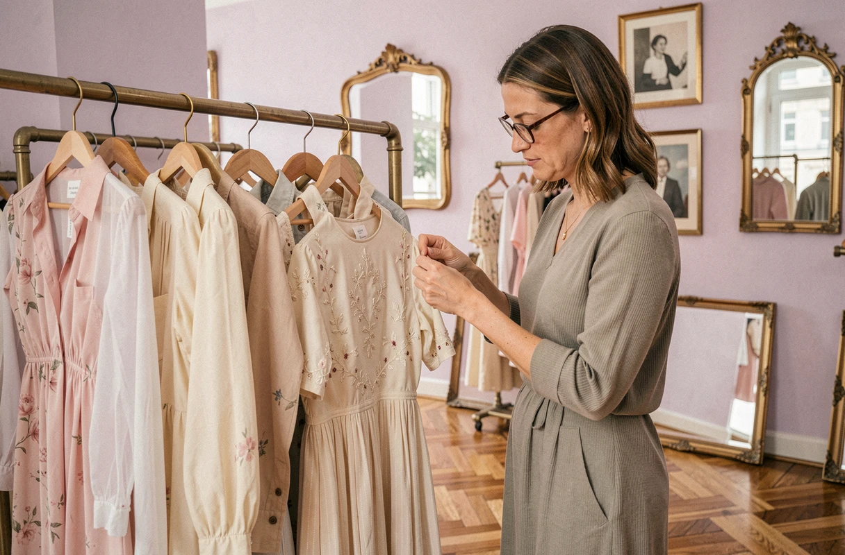 Ambiance artistique et féminine du Boudoir des Arts à Nancy avec des vêtements vintage et des œuvres décoratives