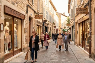 Rue commerçante pittoresque du Gard avec boutiques de prêt-à-porter féminin en façades de pierre