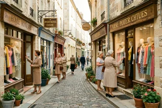 Rue commerçante animée de Poitiers avec des boutiques de prêt-à-porter féminin et des vitrines élégantes