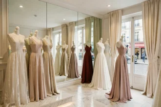 Intérieur d'une boutique de robes de soirée et de mariage en Auvergne-Rhône-Alpes avec des robes exposées sur des mannequins dans un cadre élégant