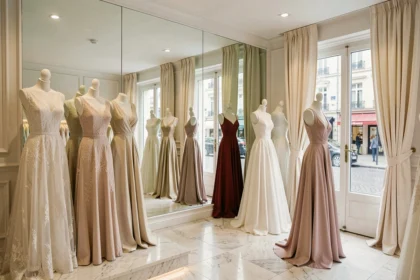 Intérieur d'une boutique de robes de soirée et de mariage en Auvergne-Rhône-Alpes avec des robes exposées sur des mannequins dans un cadre élégant