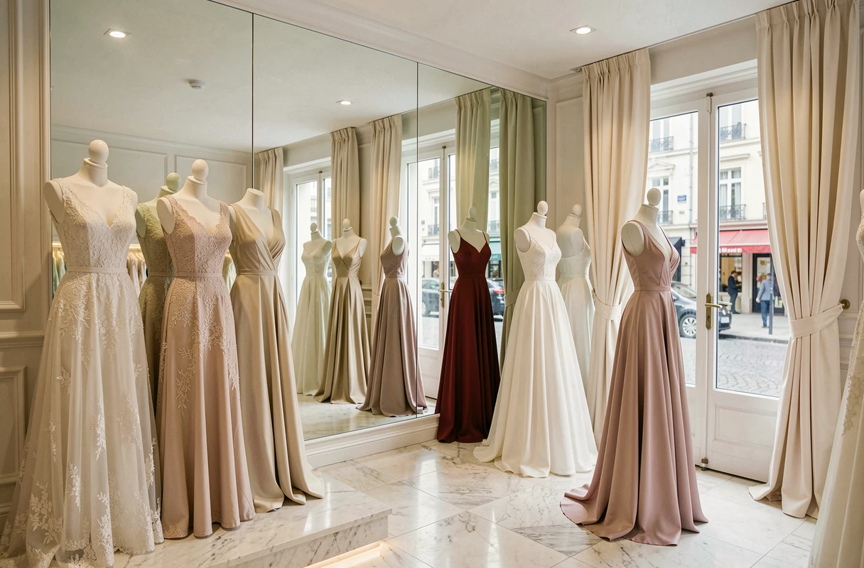 Intérieur d'une boutique de robes de soirée et de mariage en Auvergne-Rhône-Alpes avec des robes exposées sur des mannequins dans un cadre élégant