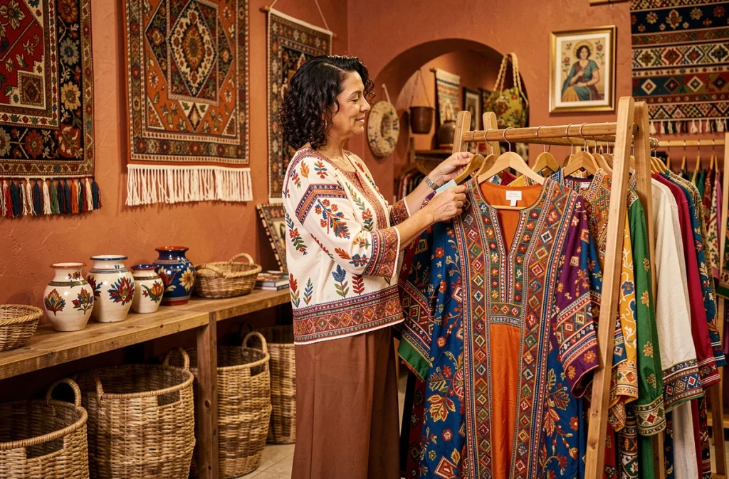 Boutique Chic Ethnique à Poitiers proposant des vêtements d'inspiration artisanale aux motifs ethniques colorés