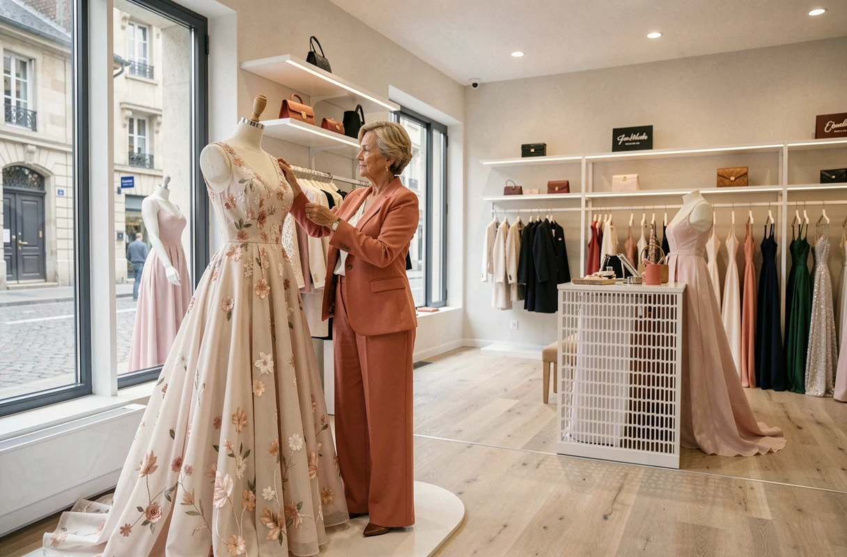 Boutique Class'Attitude et Belle en X'Elle en Rhône-Alpes avec deux espaces de robes de soirée incluant des modèles grande taille