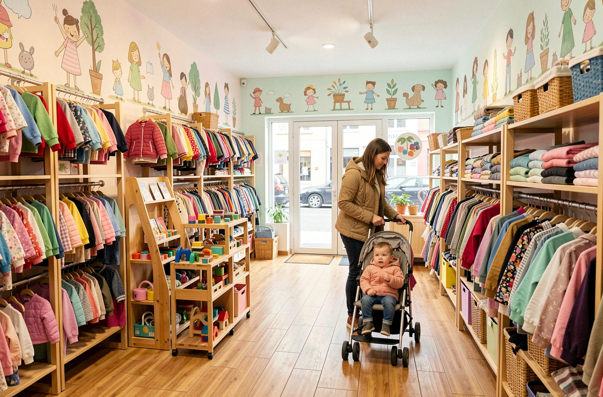 Une mère et son enfant dans La Consigne Kids à Strasbourg, dépôt-vente spécialisé dans les vêtements enfants