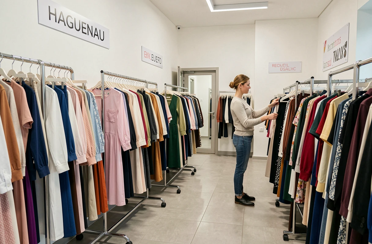 Intérieur organisé du Dress Troc de Haguenau avec des vêtements triés par couleur et une vendeuse aidant une cliente