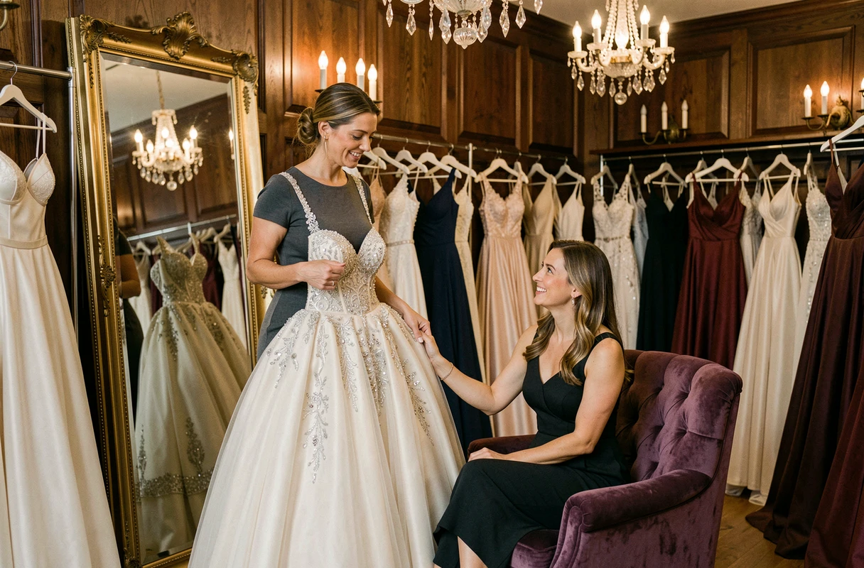 Consultante de la boutique Elegans Mariage à Clermont-Ferrand présentant une robe de soirée à une cliente dans un intérieur classique