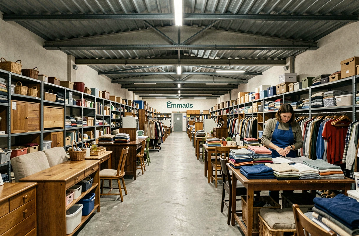 Bénévole triant des textiles dans le vaste espace de la communauté Emmaüs de la Montagne Verte à Strasbourg