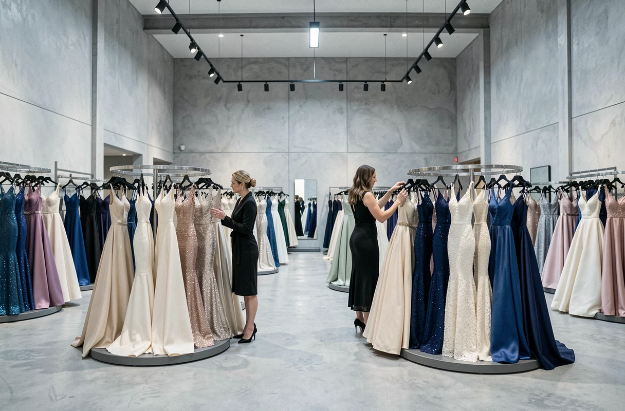 Grand showroom de l'Espace Mariages en Auvergne-Rhône-Alpes avec une large sélection de robes de soirée sur des portants circulaires