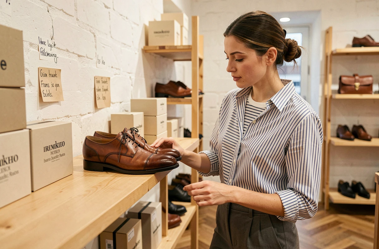 Femme choisissant une paire de chaussures fabriquées en France dans une boutique indépendante