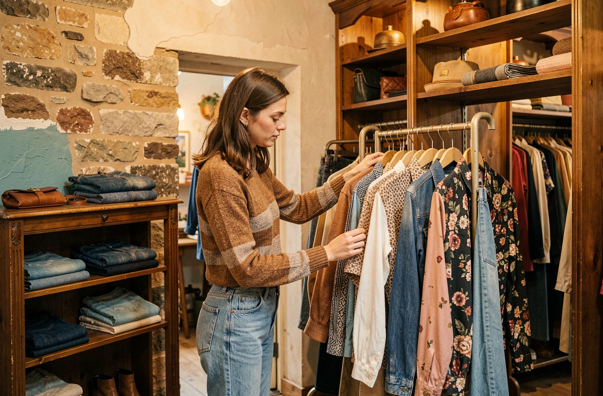 Une jeune femme explore des vêtements rétro dans la boutique Java à Colmar, dépôt-vente au style vintage affirmé
