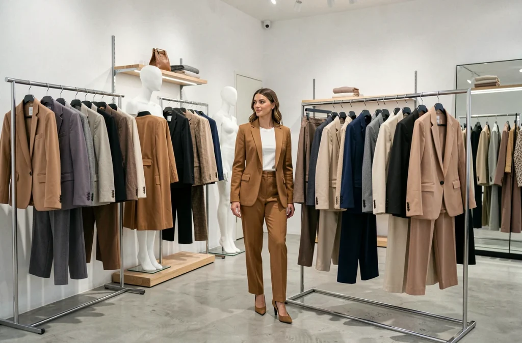 Intérieur de la boutique Kookaï à Nîmes avec coupes structurées et vestiaire féminin polyvalent