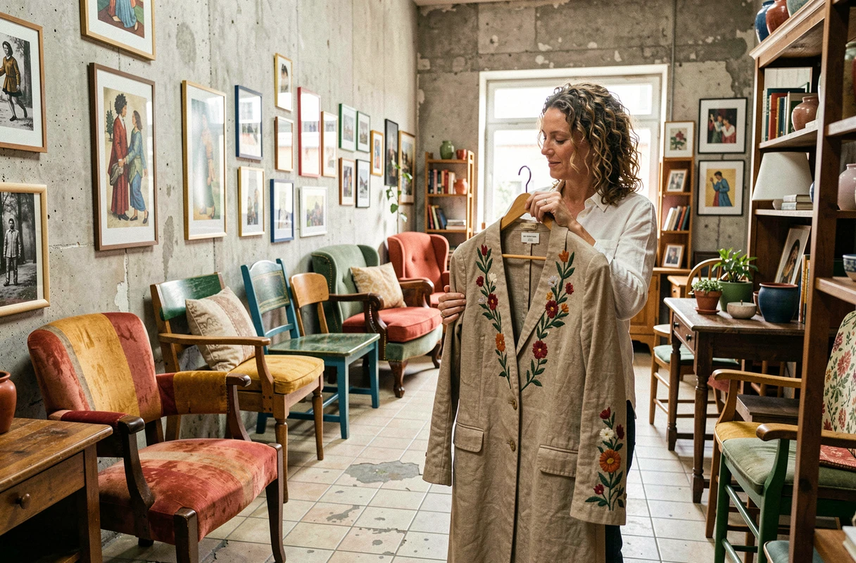 Intérieur bohème du dépôt-vente La Bohème à Mulhouse avec une cliente examinant un manteau vintage