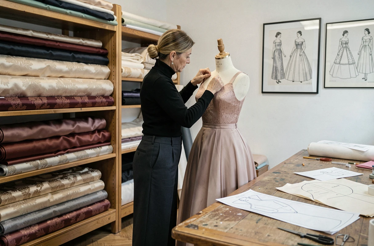 Couturière Lara Manukyan dans son atelier de couture à Lyon en train de confectionner une robe de soirée sur mesure
