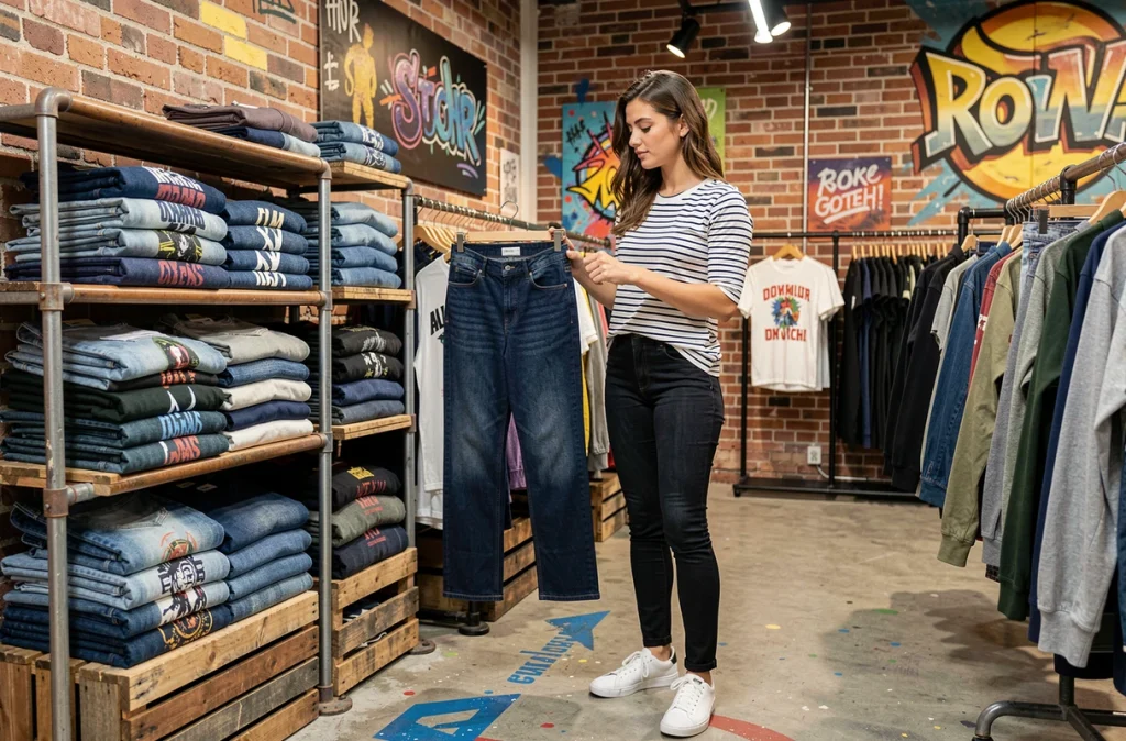 Jeune femme choisissant un jean dans la boutique Le Temps des Cerises à Nîmes, rayon denim féminin et sportswear urbain