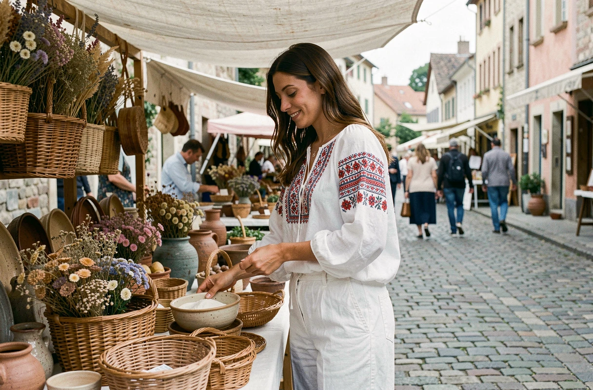 Femme en tenue blanche bohème au marché artisanal, portant un chemisier brodé et un pantalon large en coton