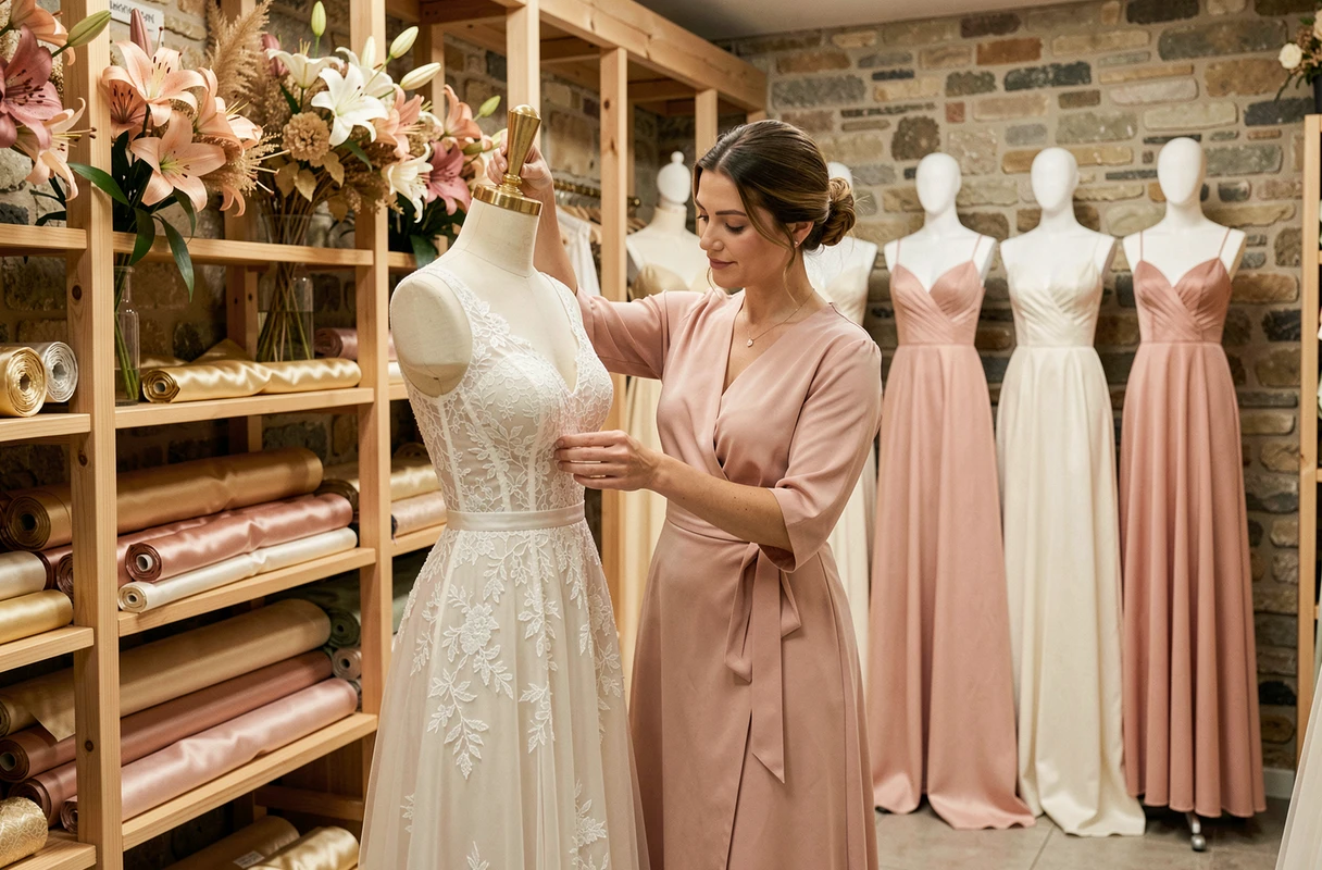 Intérieur de la boutique Lys et Soie en Auvergne-Rhône-Alpes avec des robes de soirée en dentelle et soie exposées dans un cadre raffiné