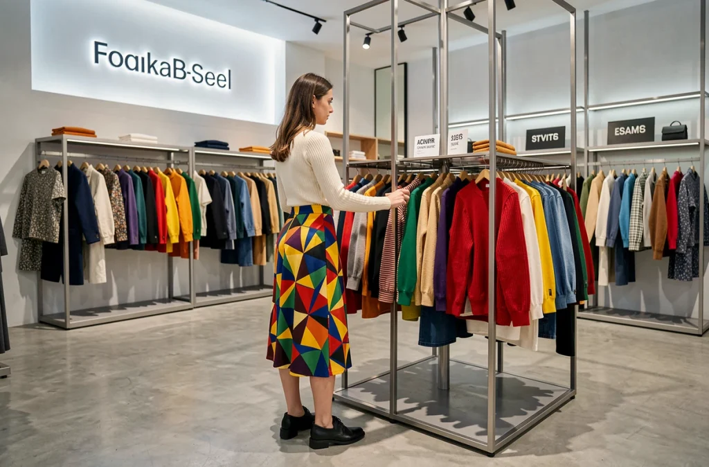Boutique Mango avec des vêtements tendance à prix accessibles, jeune femme parcourant les collections colorées