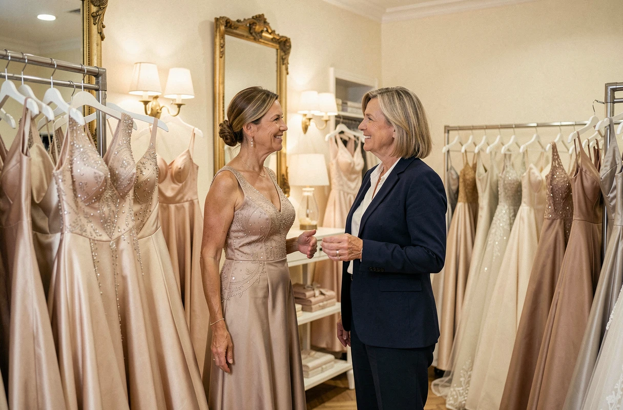 Propriétaire de la boutique Martine Mariage à Clermont-Ferrand accueillant une cliente parmi des robes de soirée élégantes