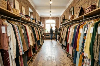 Vue d'ensemble d'un dépôt-vente dans le Grand Est avec des vêtements vintage sur des portants et une ambiance chaleureuse