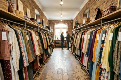 Vue d'ensemble d'un dépôt-vente dans le Grand Est avec des vêtements vintage sur des portants et une ambiance chaleureuse