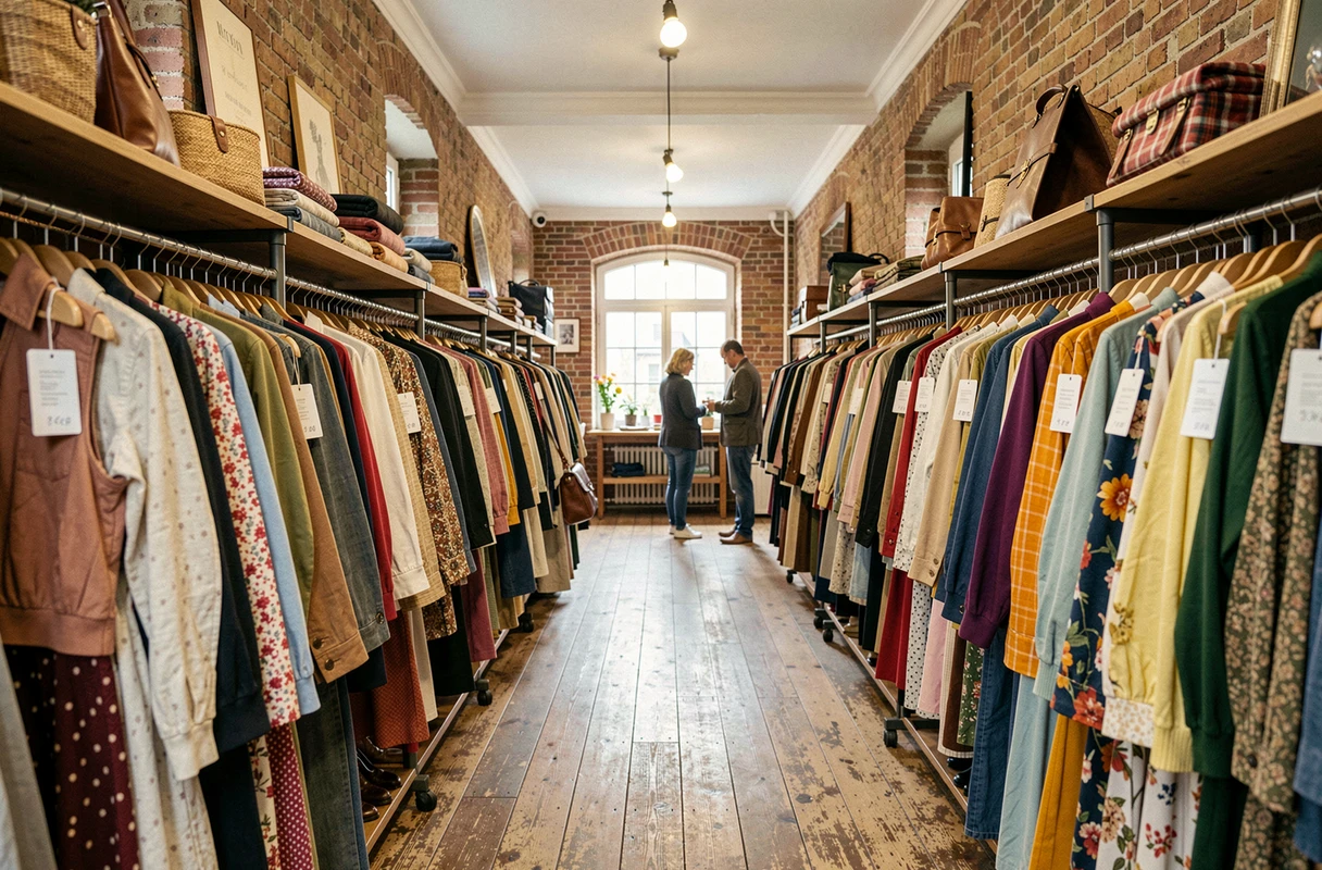 Vue d'ensemble d'un dépôt-vente dans le Grand Est avec des vêtements vintage sur des portants et une ambiance chaleureuse