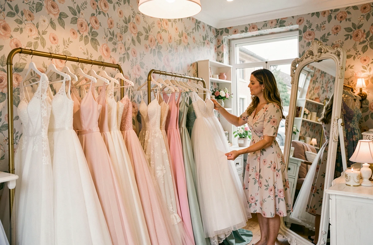 Intérieur romantique de la boutique Robes de Mariée et Jolies Choses en Auvergne-Rhône-Alpes avec des robes de soirée exposées dans un décor fleuri