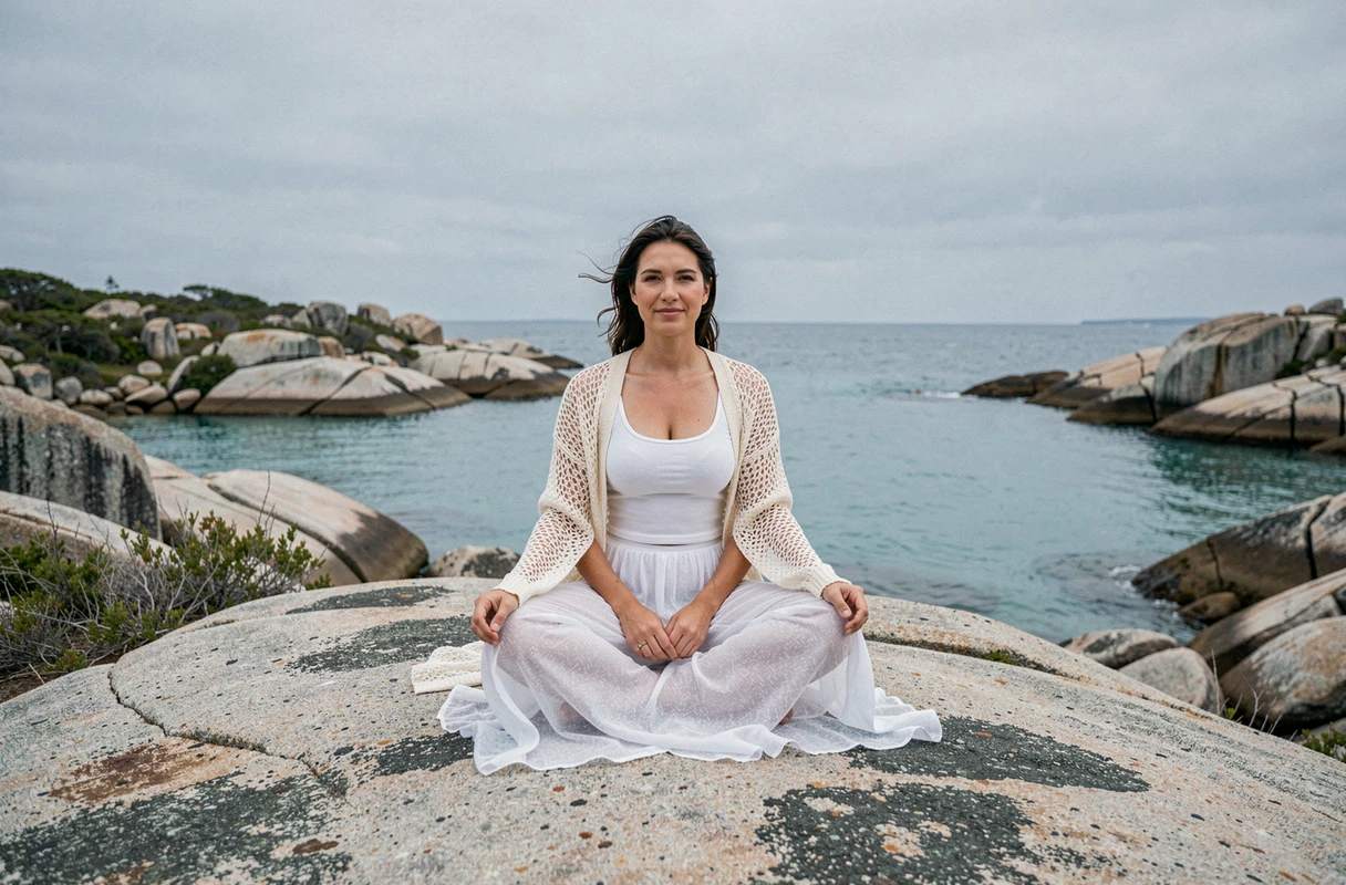 Femme en tenue bohème blanche assise sur un rocher face à la mer, portant une jupe en gaze et un cardigan en maille ouverte