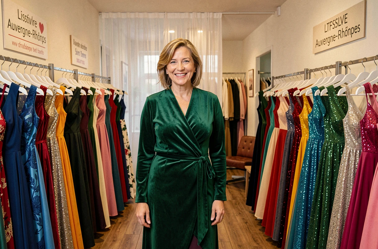 Propriétaire de Tendances by Laurence en Auvergne-Rhône-Alpes entourée de robes de soirée tendance dans sa boutique colorée