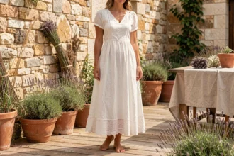 Femme en robe blanche bohème en lin sur une terrasse provençale entourée d'herbes aromatiques et de pots en terre cuite