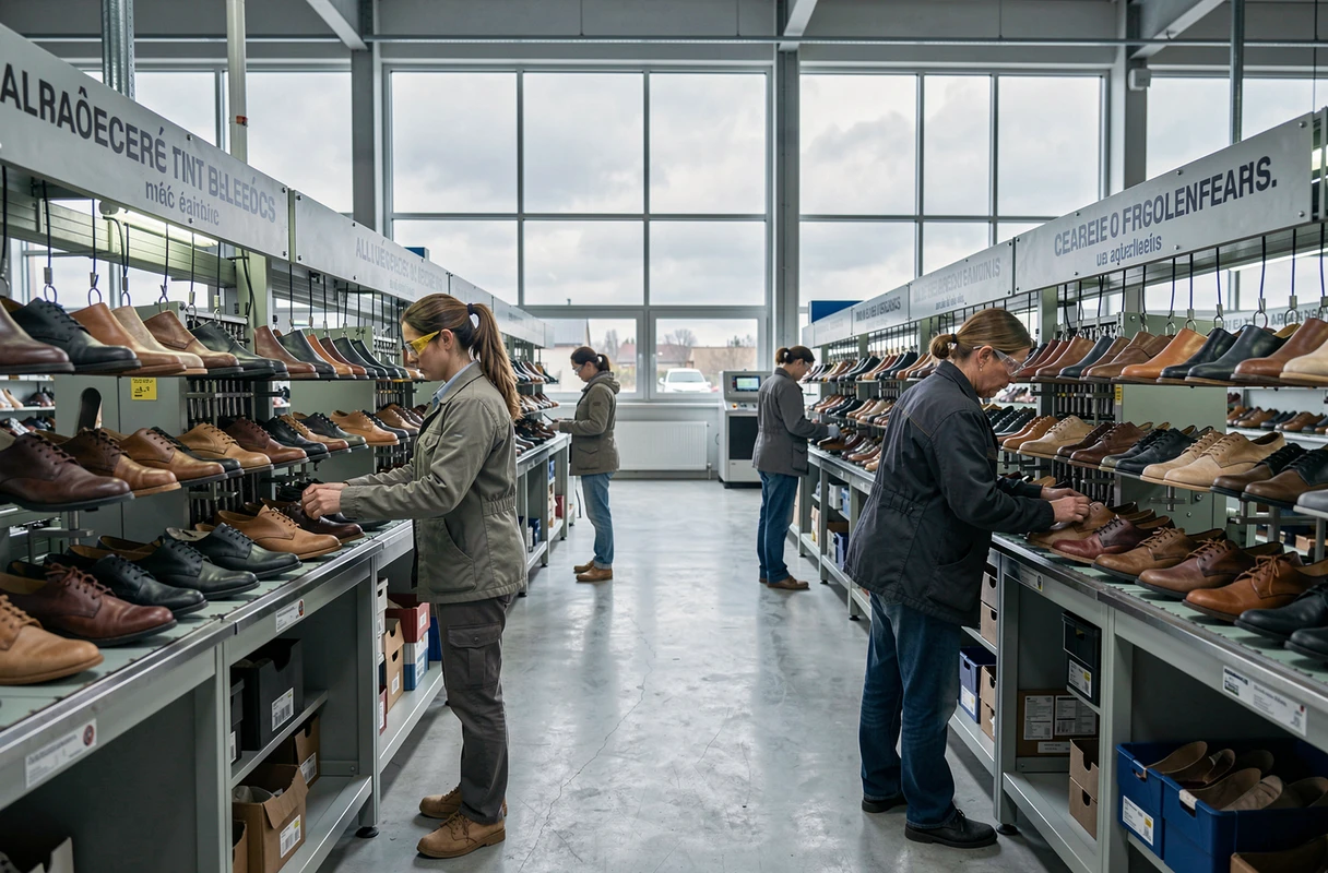 Ouvrières dans une usine de chaussures française sur une ligne de production moderne