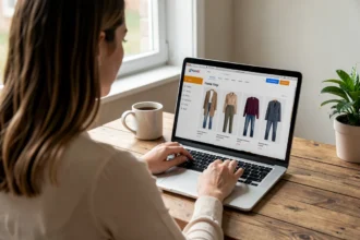 Femme parcourant une boutique de vêtements en ligne sur un ordinateur portable