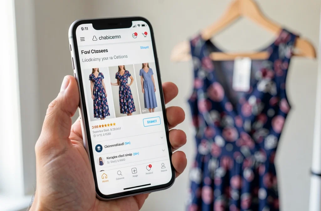 Main tenant un smartphone devant une robe sur cintre