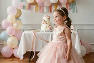 Petite fille portant une robe de princesse rose à tulle lors d'un anniversaire avec gâteau décoré et ballons pastel