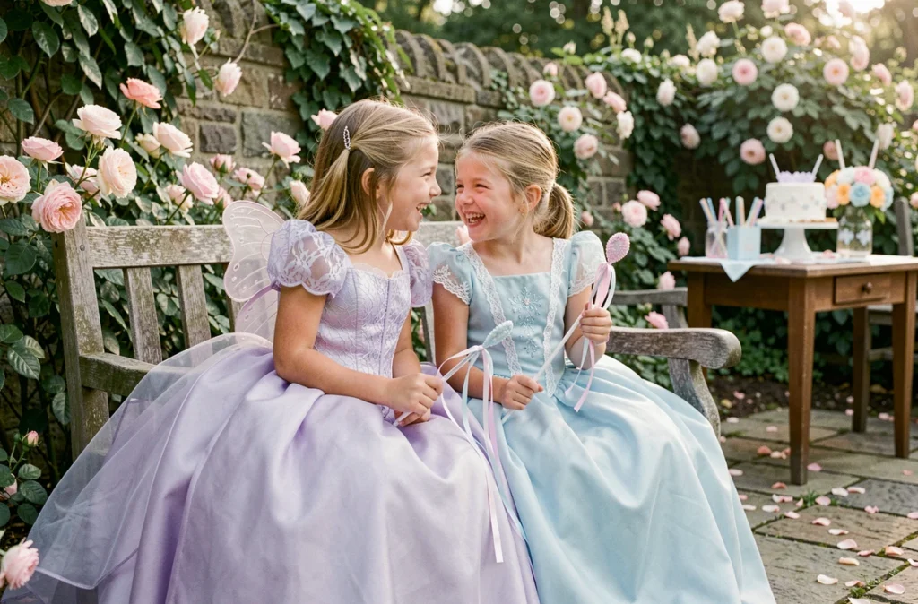 Deux fillettes en robes de princesse lavande et bleue assises dans un jardin fleuri lors d'une fête d'anniversaire